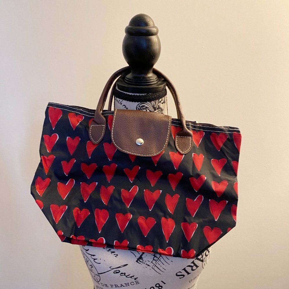 Hearts Foldable Nylon Zipper Purse Tote with Faux Leather Handles